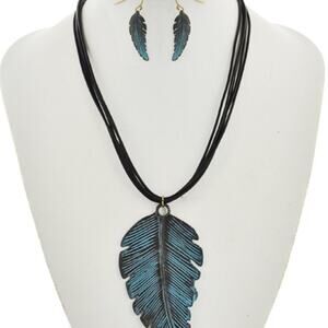 Patina & Black Cord Feather Pendant Necklace & Earring Set